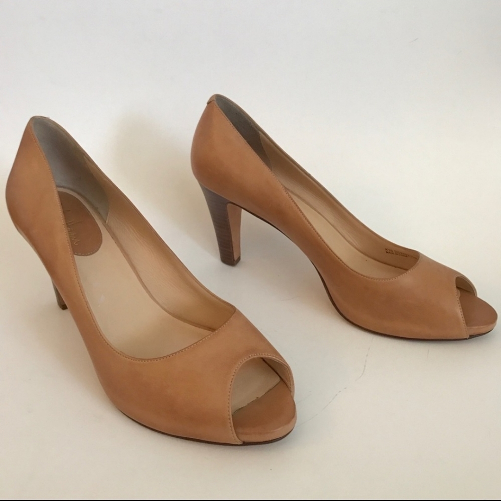 Cole Haan Tan Leather Peep Toe with Wood Heel
